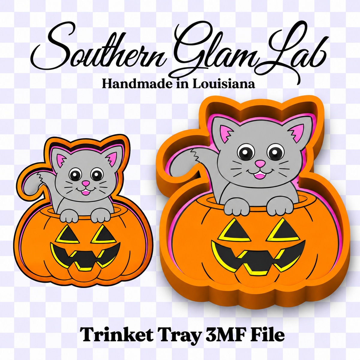 Digital product listing graphic for a 'Southern Glam Lab' Trinket Tray 3D model file. The graphic shows two cartoon cat jack-o'-lantern designs, one flat and one 3D layered, on a light purple and white checkered background with text reading 'Southern Glam Lab', 'Handmade in Louisiana', and 'Trinket Tray 3MF File'.