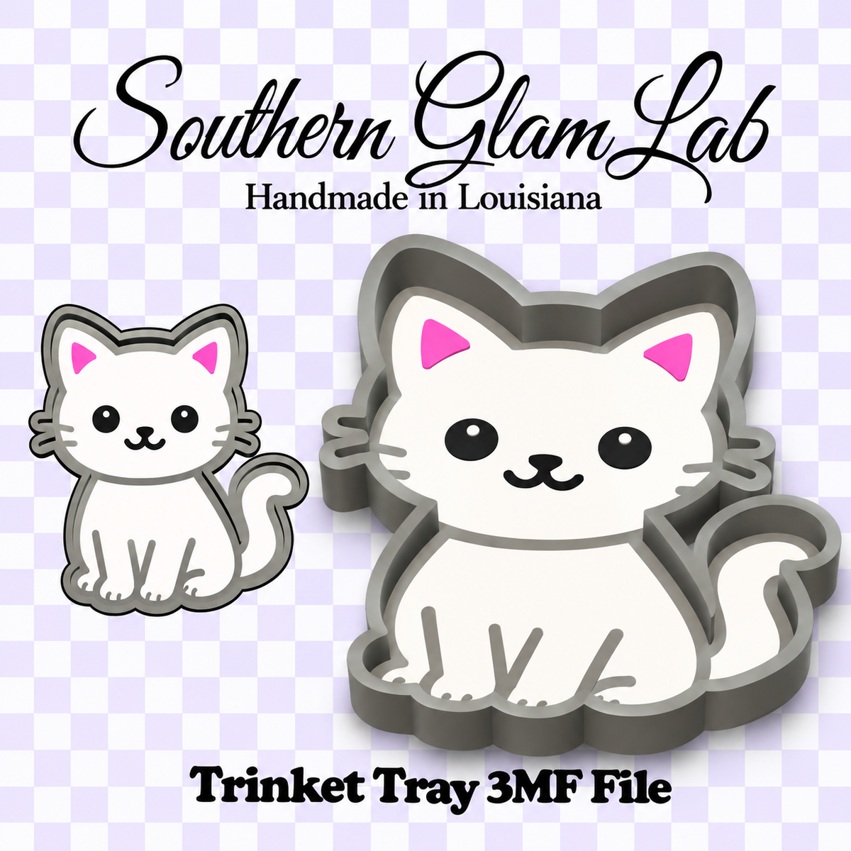Digital product preview for a Southern Glam Lab handmade in Louisiana trinket tray 3D file featuring a cute white cartoon cat with pink ears. The image shows both the front view of the white cat and its 3D depth profile on a lavender and white checkered background with text reading 'Southern Glam Lab' and 'Trinket Tray 3MF File'.