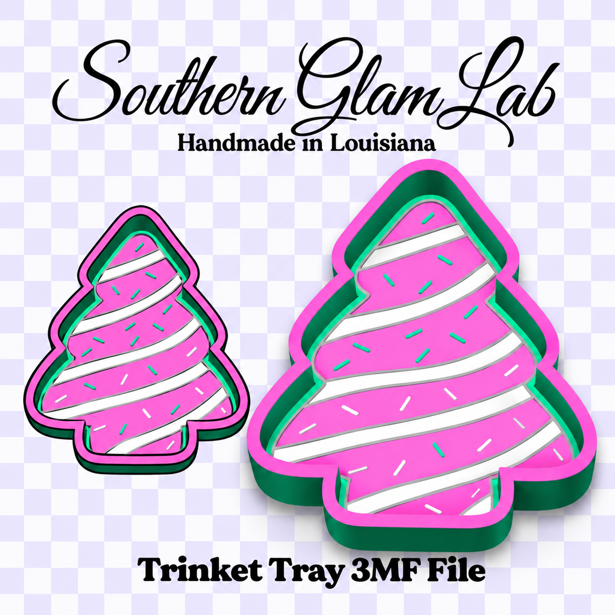 Digital product preview for a cookie cutter template, showing two Christmas tree-shaped cookie trays with pink frosting, white stripes, and green borders on a lavender checkered background. Text at the top reads 'Southern Glam Lab Handmade in Louisiana' and text at the bottom reads 'Trinket Tray 3MF File'.