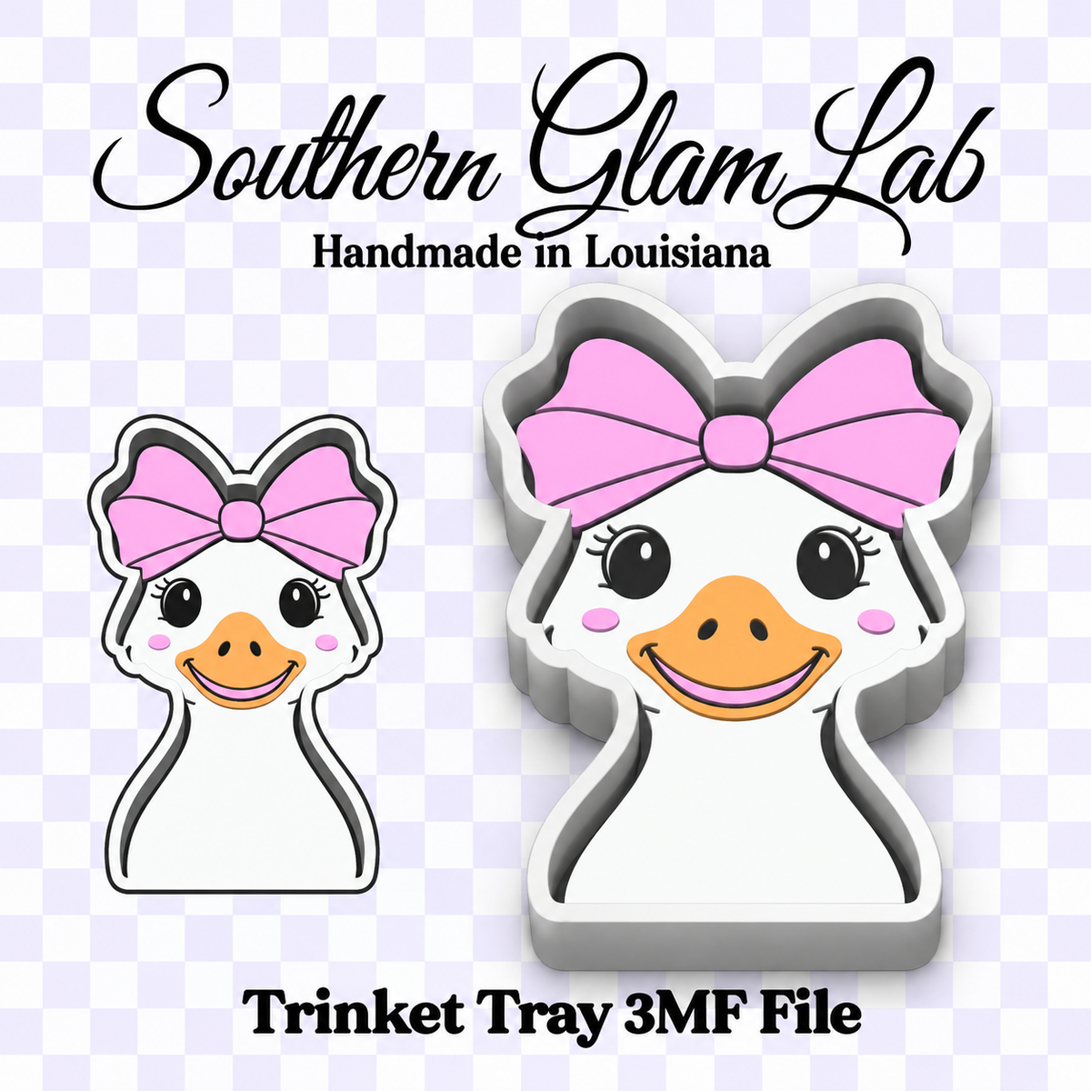 Digital product preview for a Southern Glam Lab trinket tray file, showing a cartoon duck character with a pink bow in two sizes on a light purple checkered background with text reading 'Southern Glam Lab Handmade in Louisiana' and 'Trinket Tray 3MF File'.