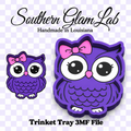 A digital product preview for a Southern Glam Lab handmade owl-shaped trinket tray design. The main subject is a large purple owl with a pink bow, shown in a 3D layered mockup style, alongside a smaller flat version.