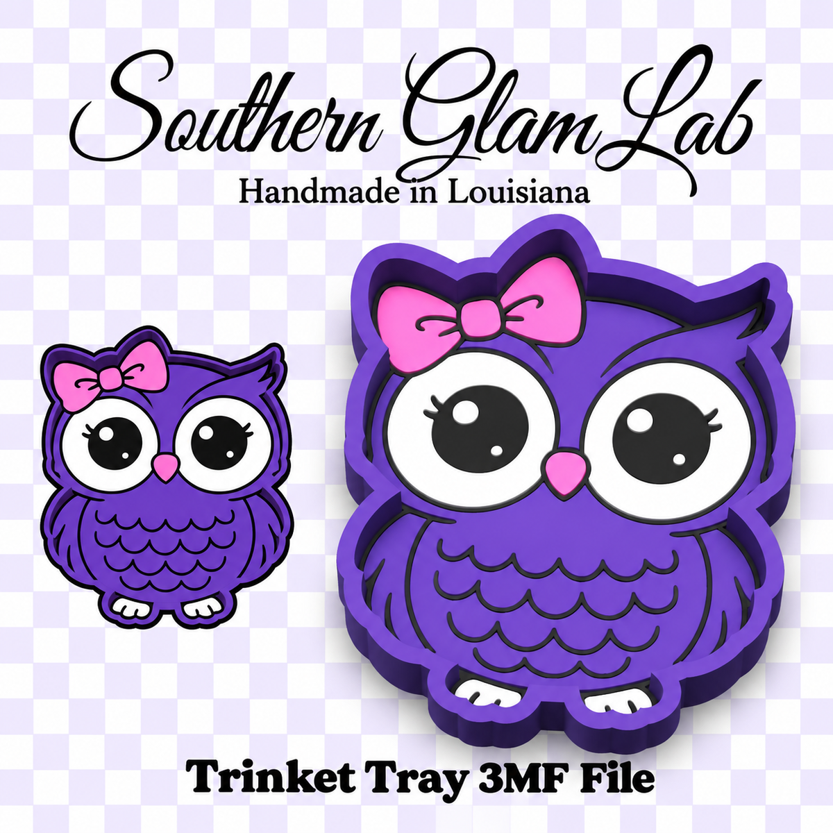 A digital product preview for a Southern Glam Lab handmade owl-shaped trinket tray design. The main subject is a large purple owl with a pink bow, shown in a 3D layered mockup style, alongside a smaller flat version.