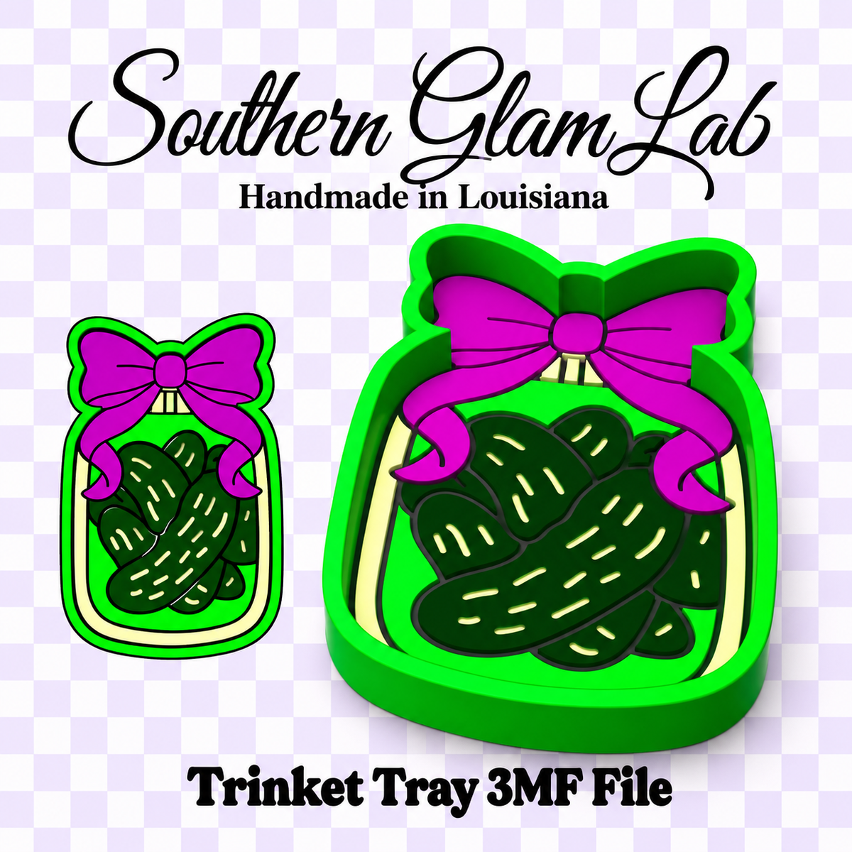 Digital design preview for a Southern Glam Lab handcrafted in Louisiana trinket tray 3D file. The design features a bright green tray filled with dark green pickles and topped with a magenta-purple ribbon bow, shown in both a close-up and a larger perspective view on a light purple checkered background.