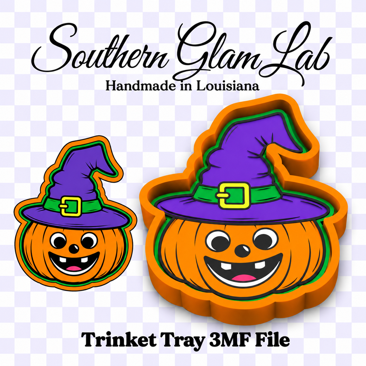 Digital product listing graphic for a Halloween-themed cookie cutter or tray design. The graphic shows two orange pumpkin shapes wearing purple witch hats with green bands and yellow buckles, on a light purple-and-white checkered background.