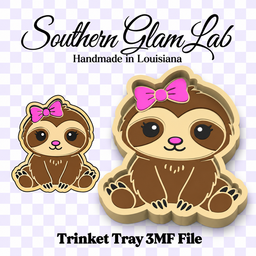 A digital product preview for a Southern Glam Lab handmade in Louisiana trinket tray 3D model file, featuring two cute cartoon sloths with pink bows on a lavender checkered background.
