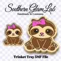 A digital product preview for a Southern Glam Lab handmade in Louisiana trinket tray 3D model file, featuring two cute cartoon sloths with pink bows on a lavender checkered background.