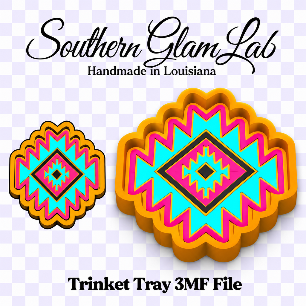 Digital mockup showing two colorful geometric trinket trays with a Southern Glam Lab brand header and 'Trinket Tray 3MF File' text on a light purple checkerboard background.