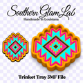 Digital mockup showing two colorful geometric trinket trays with a Southern Glam Lab brand header and 'Trinket Tray 3MF File' text on a light purple checkerboard background.