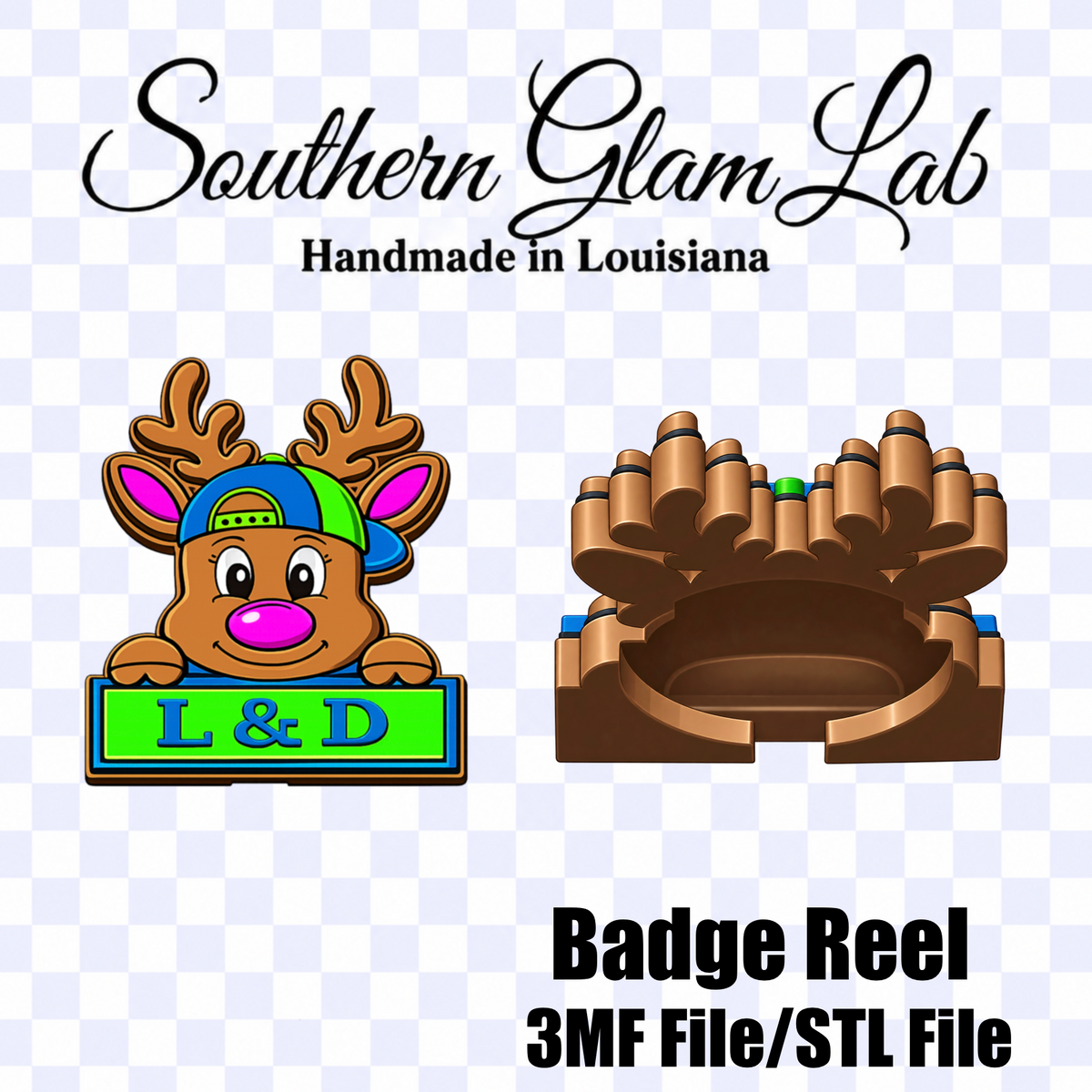 Digital product preview for a Southern Glam Lab 'L & D' badge reel, showing a cartoon reindeer wearing a blue and green cap with 'L & D' on a green sign, next to a brown 3D rendering of the badge reel, on a white background with a faint checkered pattern.