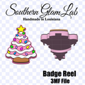 Digital product listing graphic for a 'Badge Reel 3MF File' by Southern Glam Lab. The graphic features a checkered background with a pink and brown cake-themed badge reel on the right and a pink and yellow decorated cake tree badge on the left.