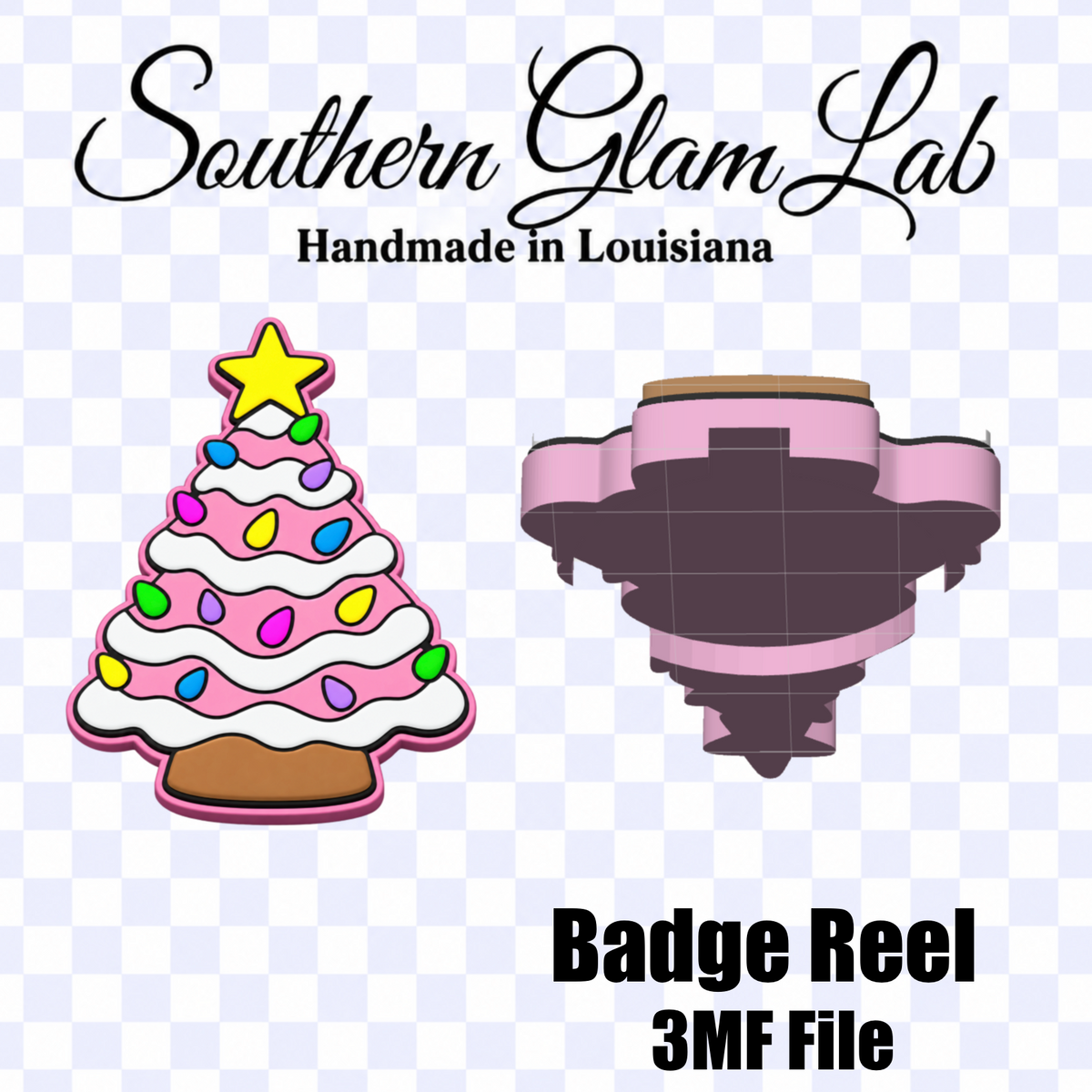 Digital product listing graphic for a 'Badge Reel 3MF File' by Southern Glam Lab. The graphic features a checkered background with a pink and brown cake-themed badge reel on the right and a pink and yellow decorated cake tree badge on the left.