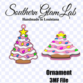 Digital preview of a Christmas ornament design with two pink-and-white icing-coated tree ornaments decorated with colorful candy sprinkles and yellow star toppers, on a white background with the text 'Southern Glam Lab', 'Handmade in Louisiana', 'Ornament', and '3MF File'.