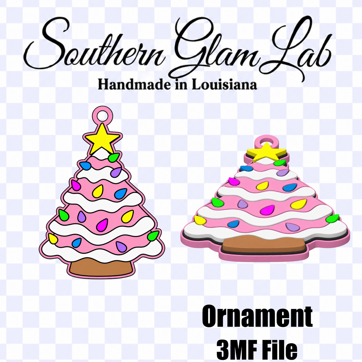 Digital preview of a Christmas ornament design with two pink-and-white icing-coated tree ornaments decorated with colorful candy sprinkles and yellow star toppers, on a white background with the text 'Southern Glam Lab', 'Handmade in Louisiana', 'Ornament', and '3MF File'.