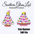 Digital product preview for a 3MF file from Southern Glam Lab, showing two decorated pink frosting tree can opener designs on a white and light blue checkered background with text reading 'Southern Glam Lab Handmade in Louisiana' and 'Can Opener 3MF File'.