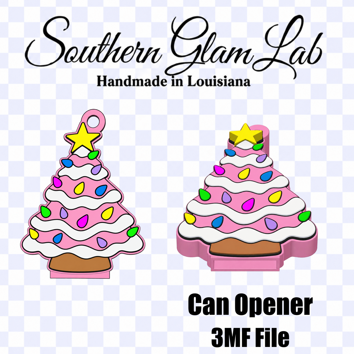 Digital product preview for a 3MF file from Southern Glam Lab, showing two decorated pink frosting tree can opener designs on a white and light blue checkered background with text reading 'Southern Glam Lab Handmade in Louisiana' and 'Can Opener 3MF File'.
