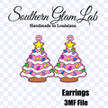 Digital listing graphic for a 3MF file from Southern Glam Lab, showing two pink and white tiered cake-shaped earrings decorated with colorful candy sprinkles and yellow stars, on a light blue and white checkered background.