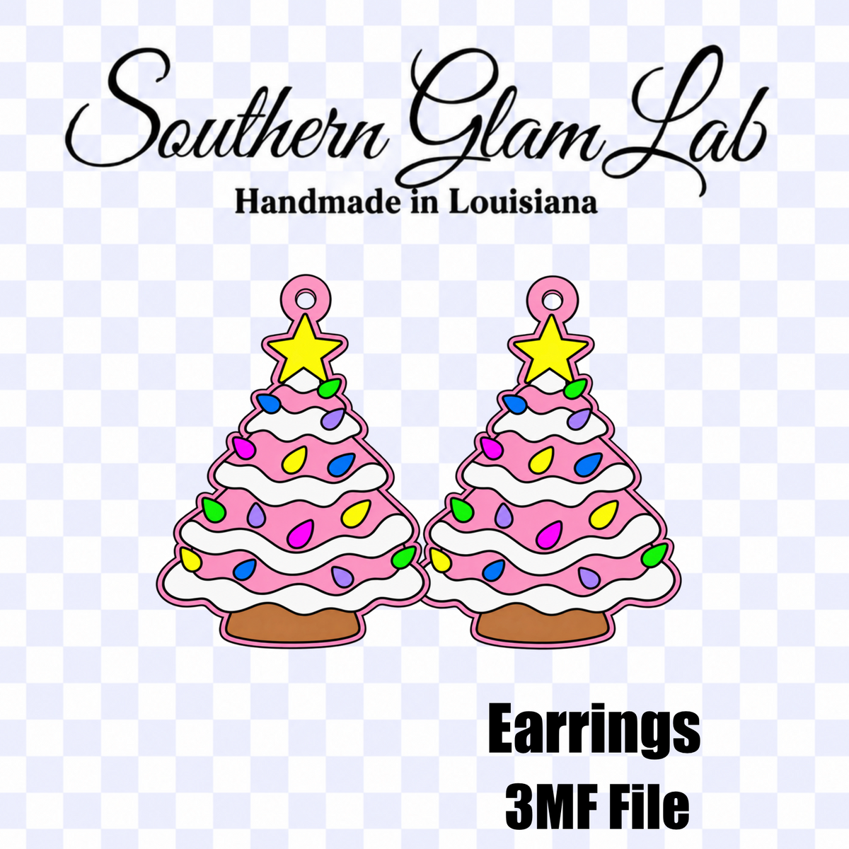 Digital listing graphic for a 3MF file from Southern Glam Lab, showing two pink and white tiered cake-shaped earrings decorated with colorful candy sprinkles and yellow stars, on a light blue and white checkered background.