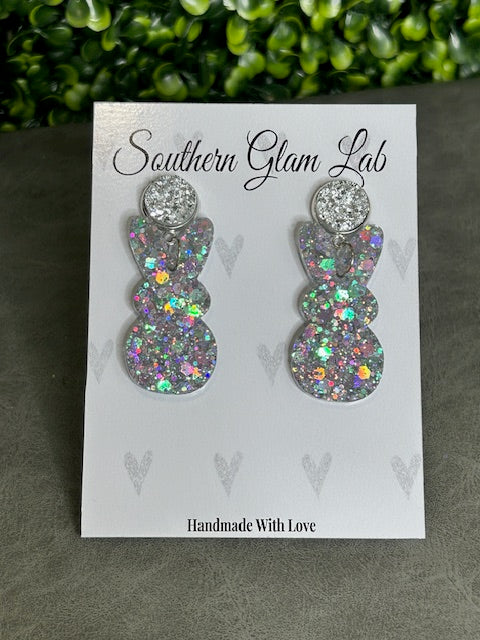 Glitter Holographic Bunny Earrings, Faux Druzy Topper